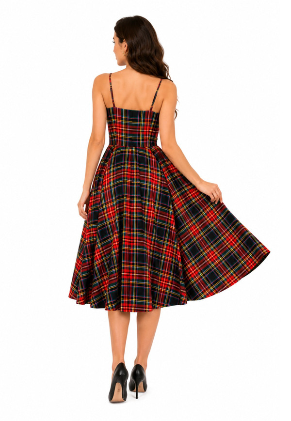 Back view of woman in red and black plaid strappy midi dress with full skirt