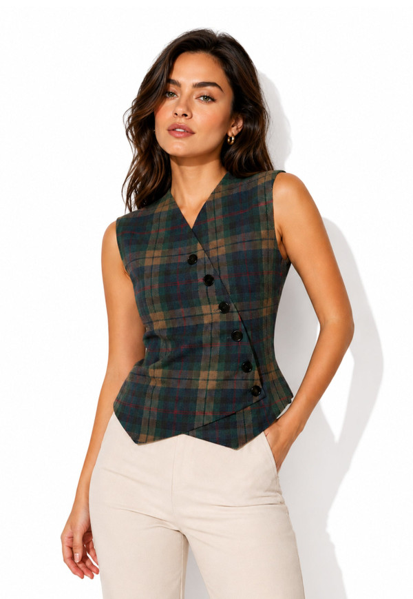 Wrap Button-Front Plaid Vest
