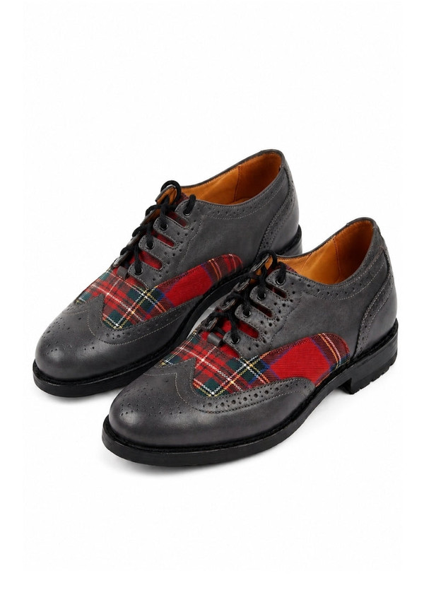 Pair of grey leather brogues with red tartan panels and red laces