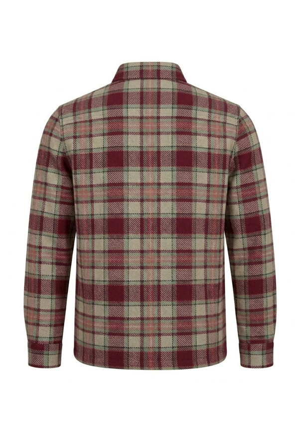 Burgundy and beige check brushed cotton flannel shacket, back view