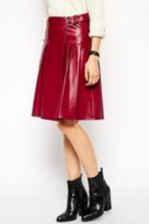Red leather wrap skirt with pleats, front view
