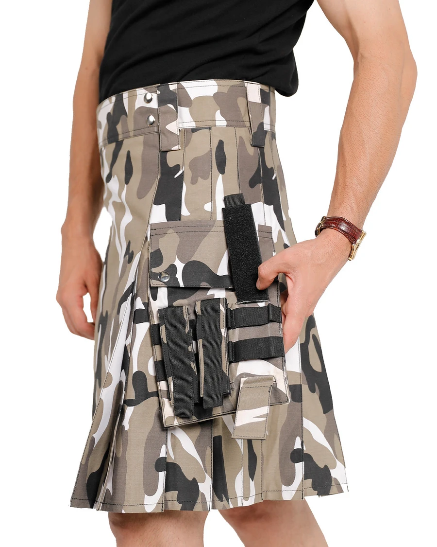 Close-up of CamoCraft Field kilt side with camo cargo pocket and straps