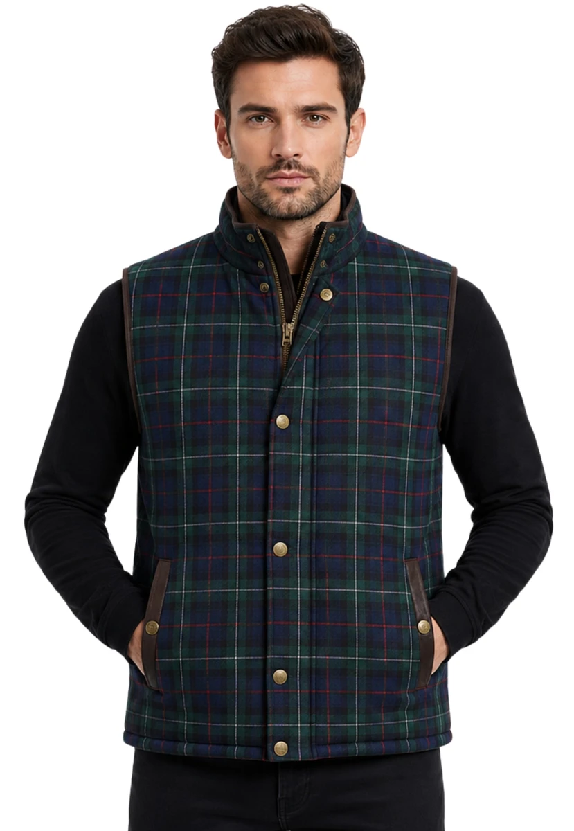 Men's tartan gilet in navy and green plaid with snap buttons, front view