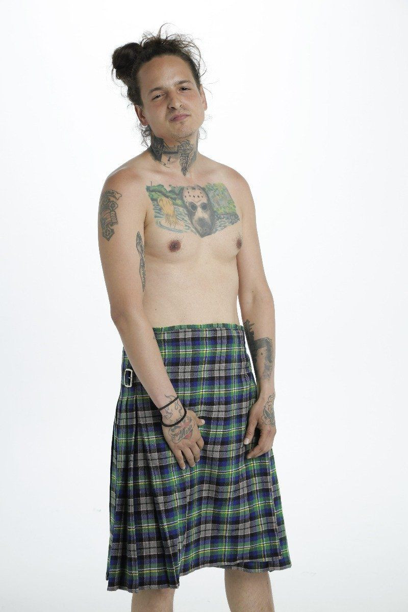 Abel Bespoke Kilt in green, navy and grey tartan, side view