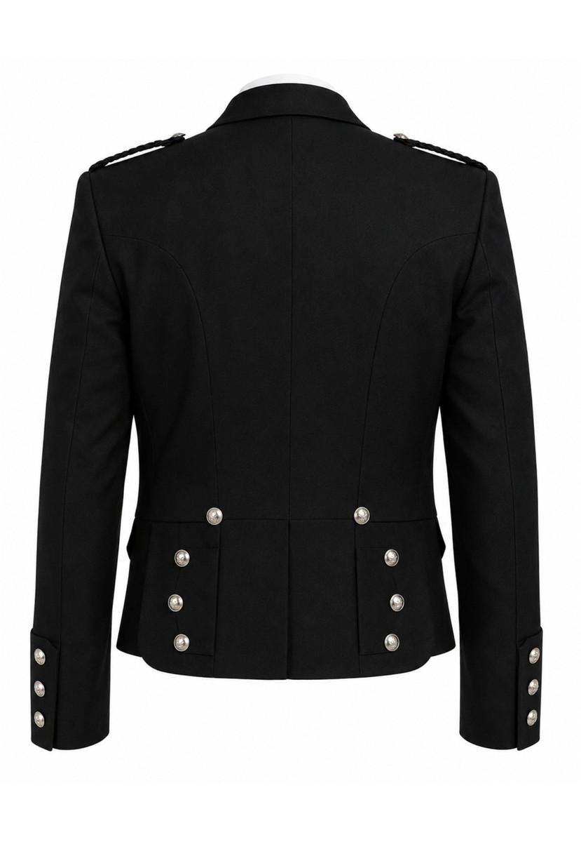 Brian Boru black jacket, back view with silver buttons on cuffs and flaps