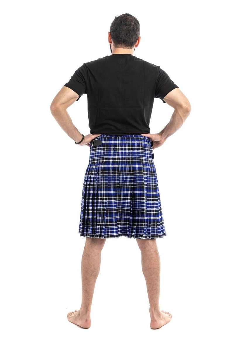 Man wearing a bespoke kilt in dark green and navy tartan with yellow lines, back view