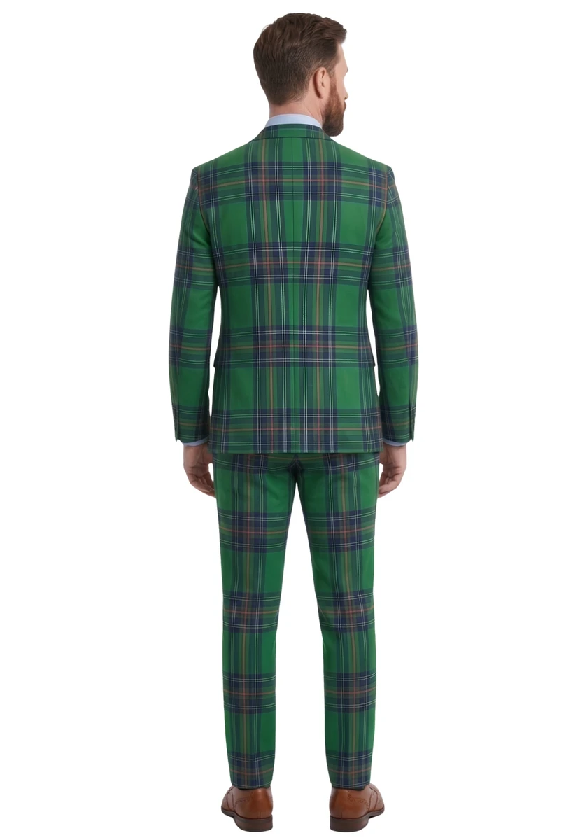 Back view of man in green tartan three piece suit