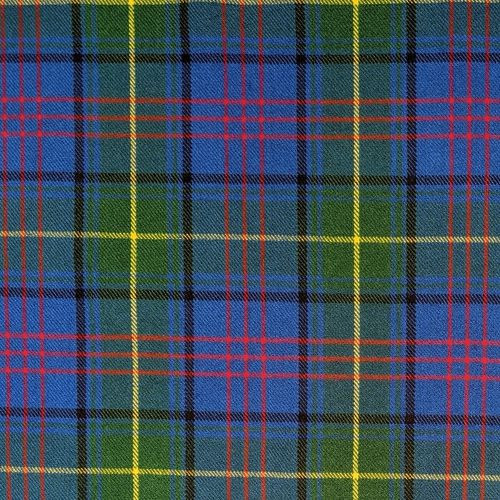 Close-up of navy and green tartan fabric with red and white lines for a bespoke kilt