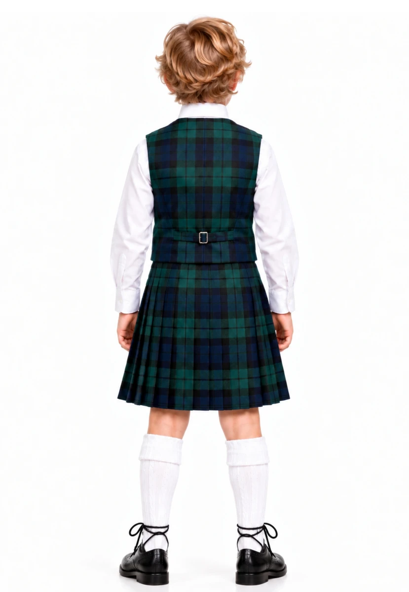 Back view of boy in green and navy tartan kilt and matching waistcoat
