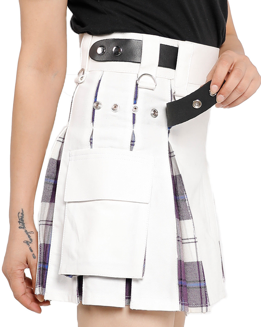 Close-up of white hybrid kilt front pocket and leather snap straps