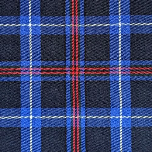Close-up of red and black tartan fabric with white, yellow and blue lines