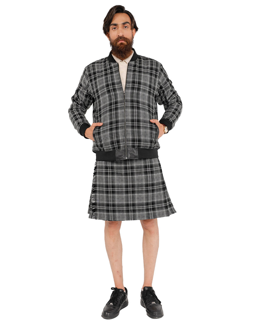 Front view of Drummond Grey tartan kilt with matching tartan jacket
