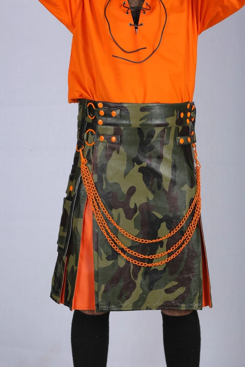 Close-up front of camo leather kilt with orange chains and studded straps
