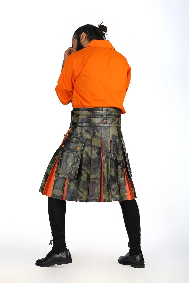 Back view of camo leather hybrid kilt showing orange inset pleats