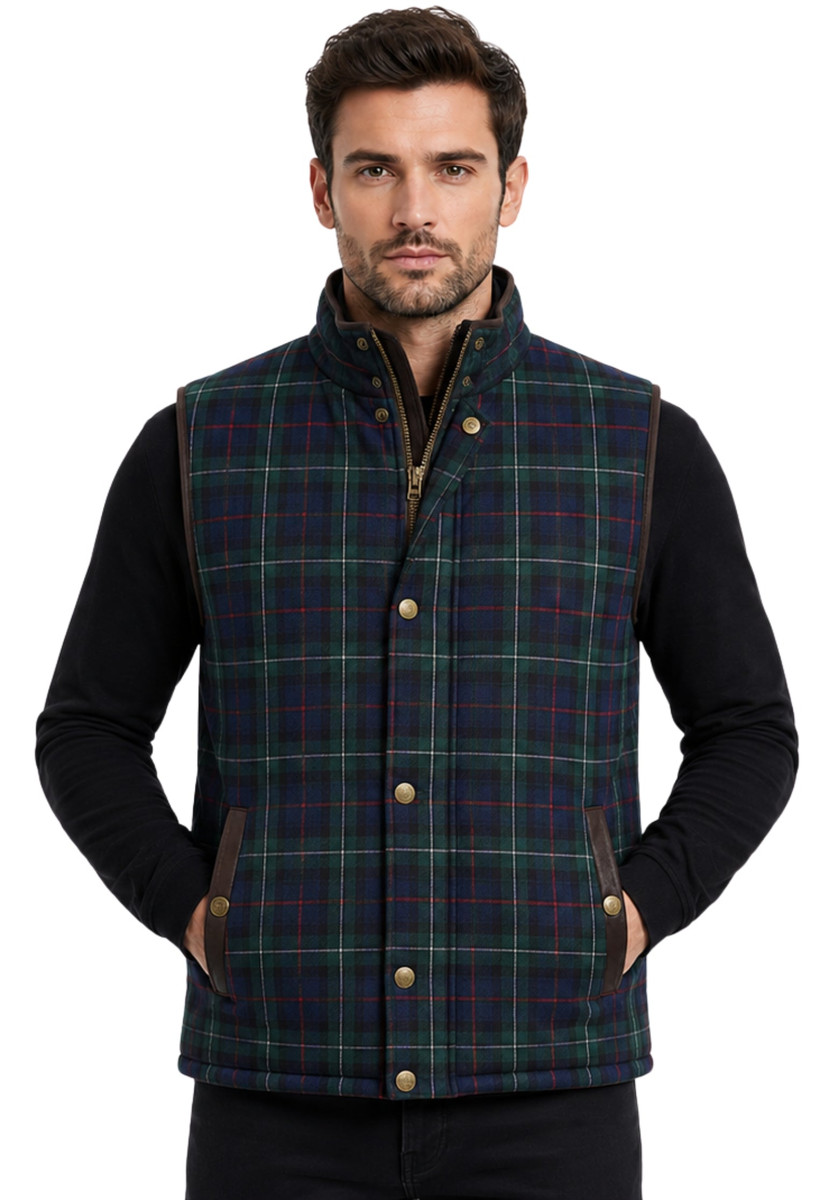 Men's tartan gilet in navy and green plaid with snap buttons, front view