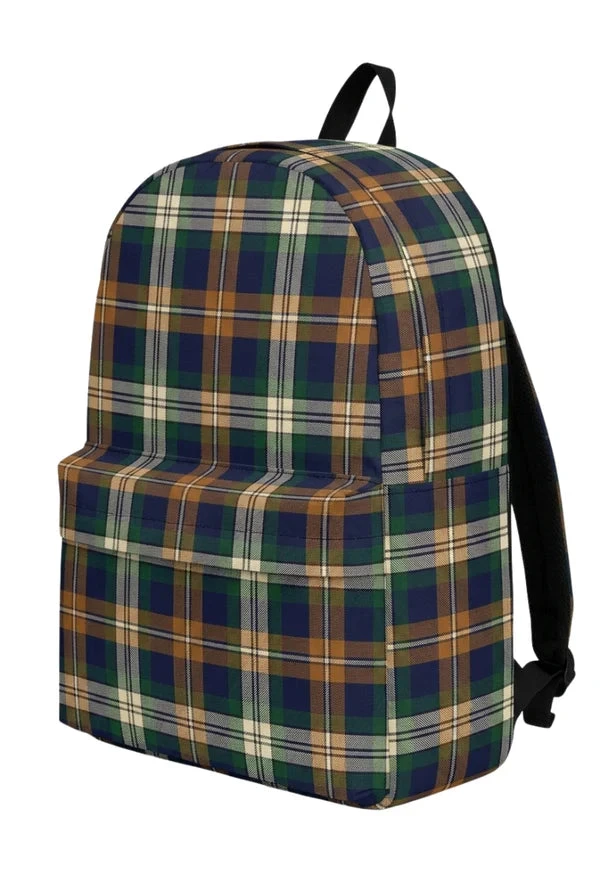 Plaid backpack in navy, tan and green tartan with front pocket, front view