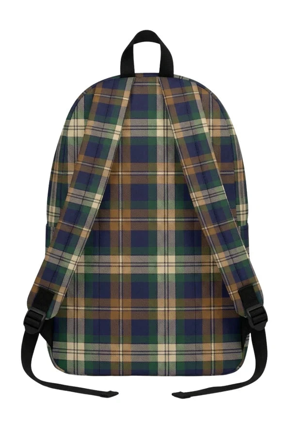 Plaid backpack in navy, tan and green tartan with black straps, back view