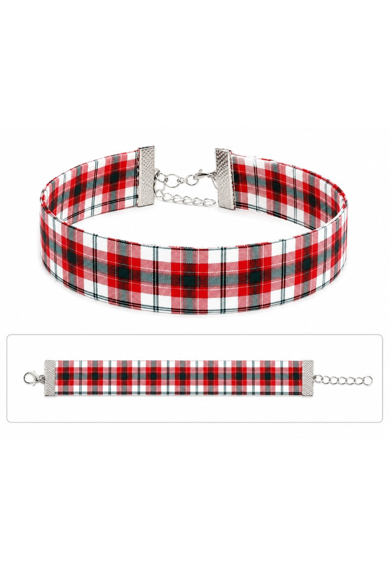 Tartan choker in red, black and white plaid shown fastened and laid flat with chain clasp