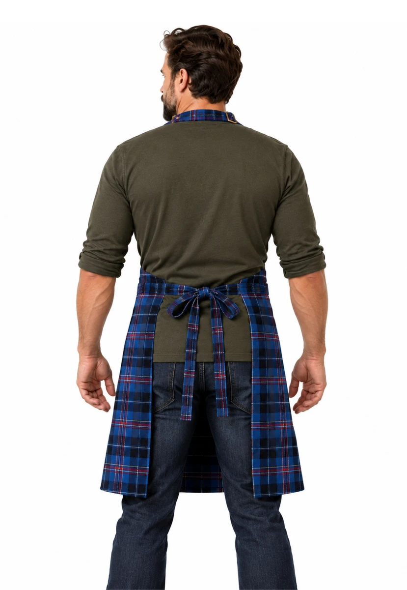 Grilling apron in blue and navy tartan tied at the back, back view on a man