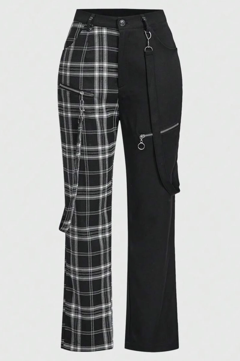 Black and white plaid utility pants laid flat with chains and zips