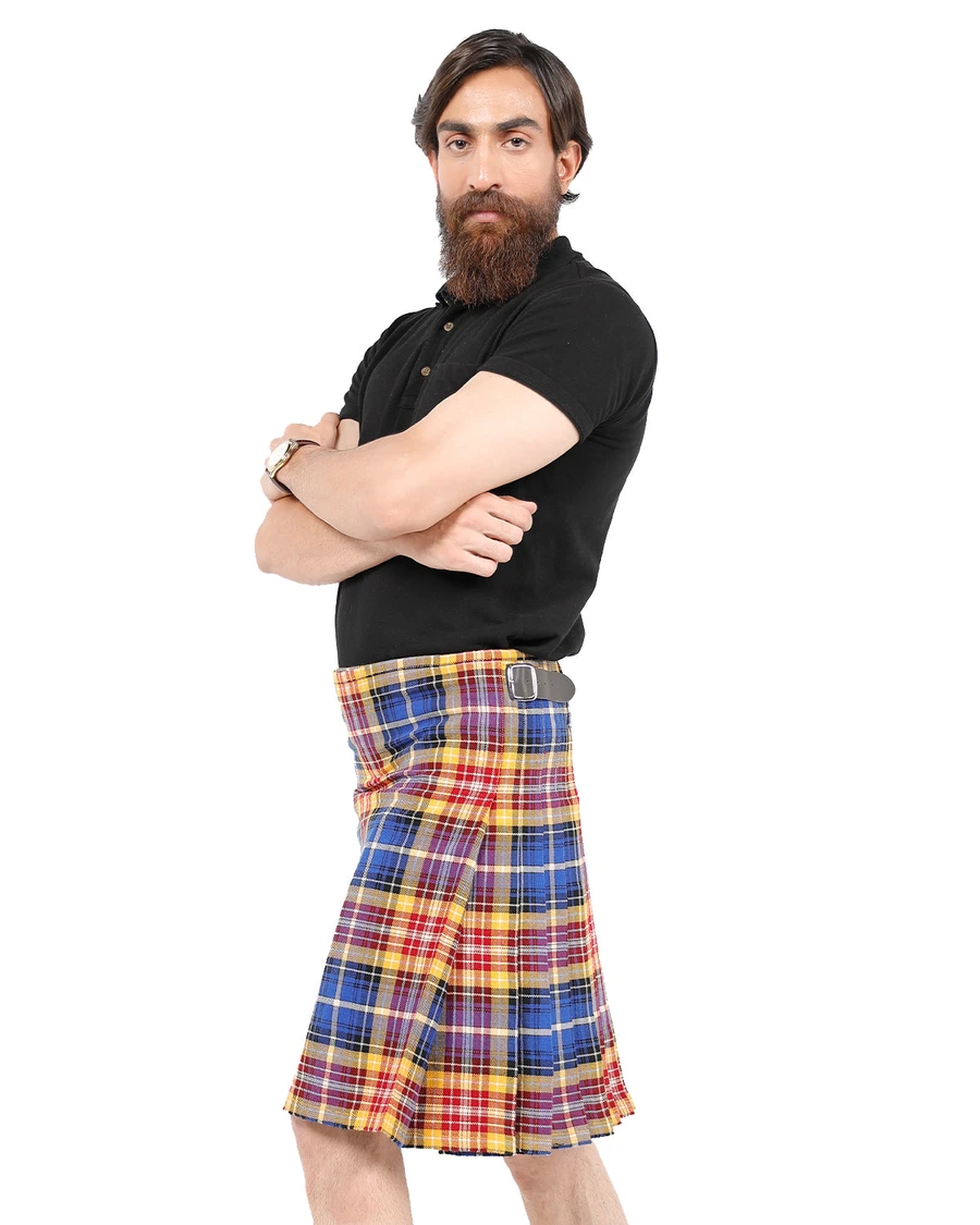 German District bespoke kilt in blue, yellow and red tartan, side view with black polo