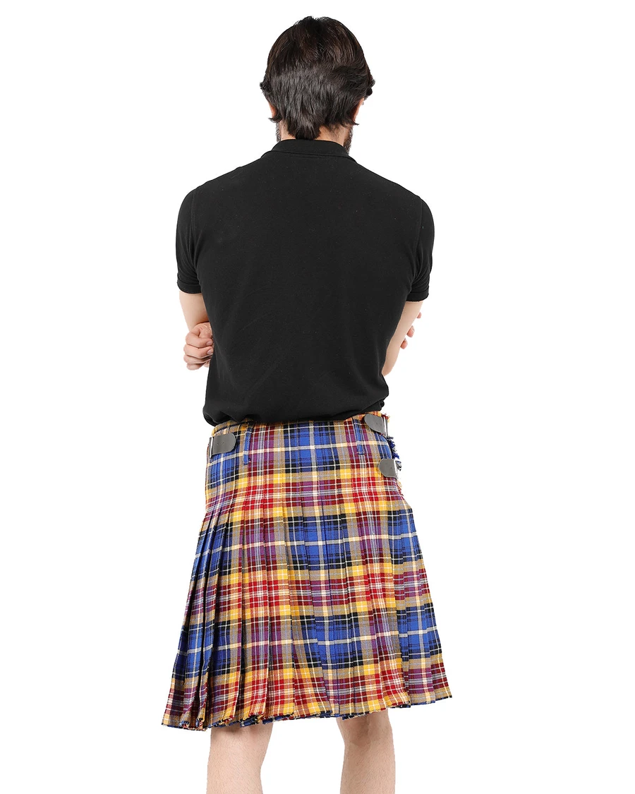 Man wearing a bespoke kilt in purple, pink and black tartan, back view with strap buckles