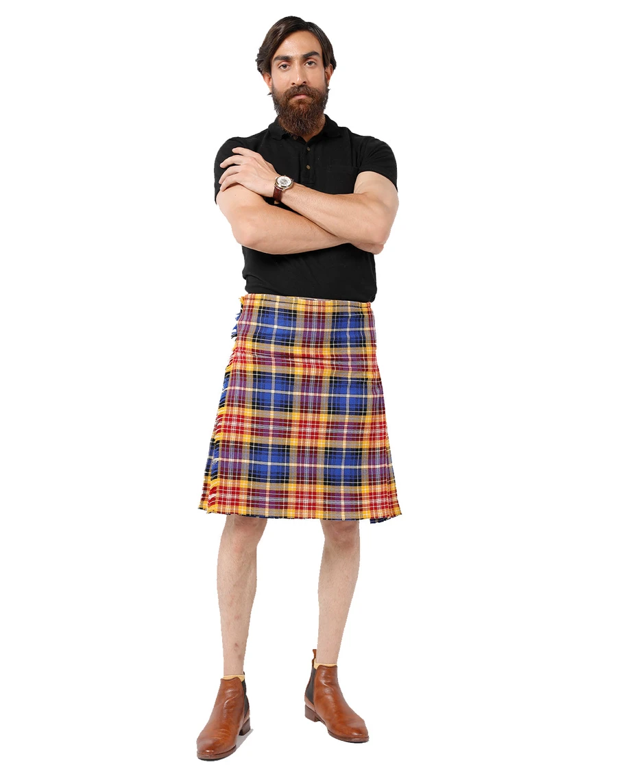 Front view of German District bespoke kilt in blue, yellow and red tartan with brown boots