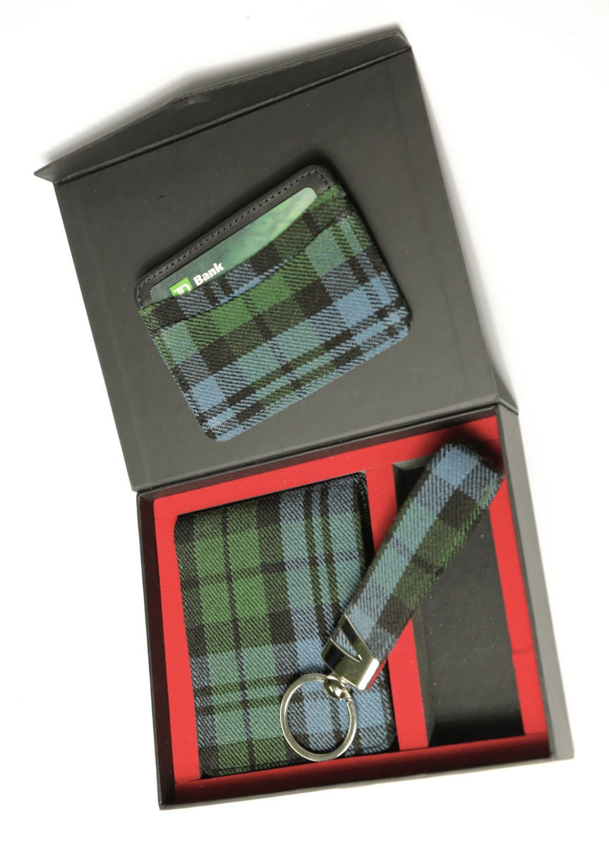 Open gift box with green and blue tartan wallet, card holder and key chain