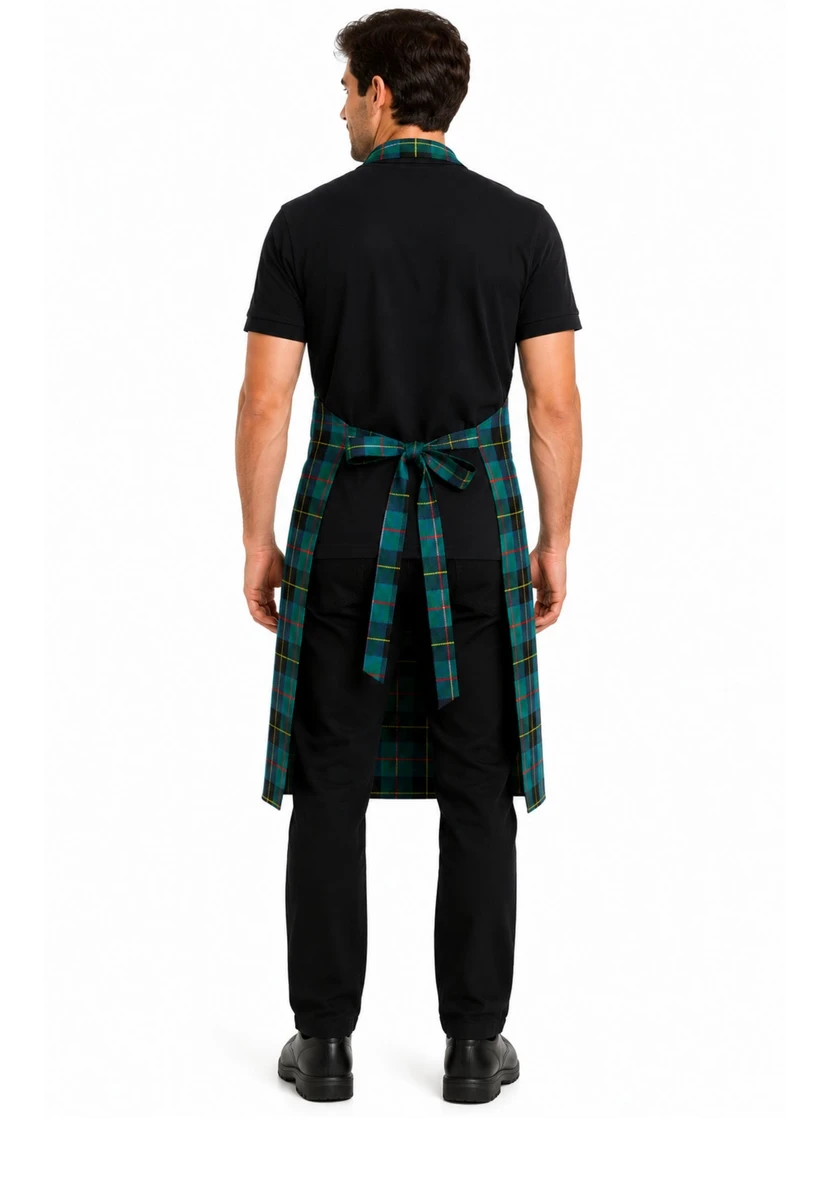 Butcher apron in teal and black tartan tied at the waist, back view