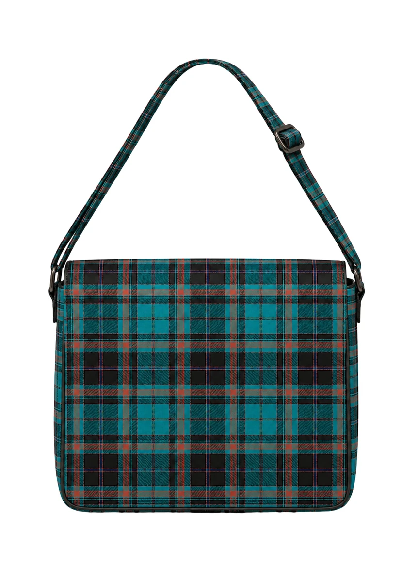 Messenger bag in teal and black tartan with adjustable shoulder strap, front view