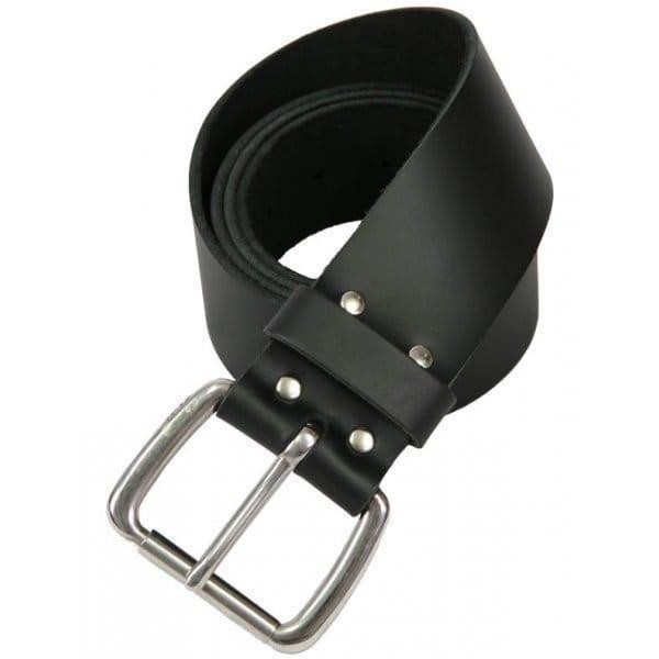Black Leather Utility Kilt Belt Plain, close-up of the silver buckle and studs