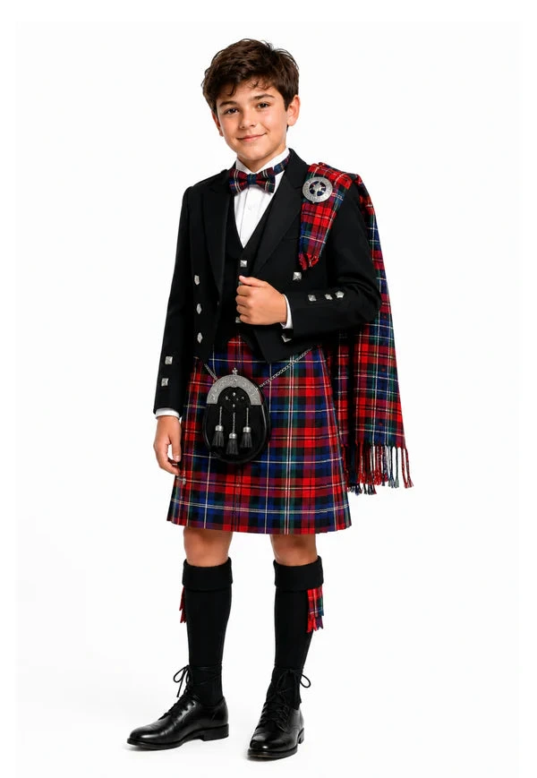 Boy's tartan fly plaid in red, navy and black with fringe and brooch, front view