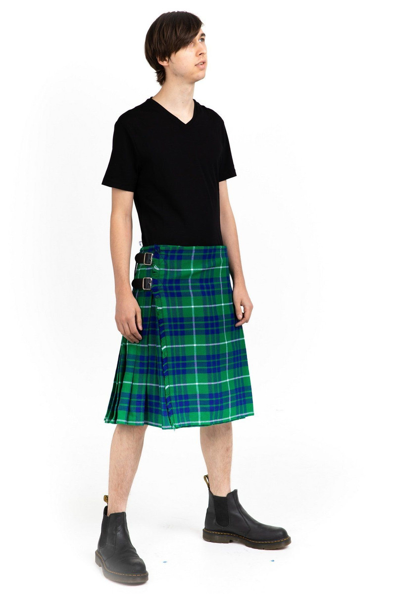 Hamilton Green Hunting bespoke kilt in green and blue tartan, side view