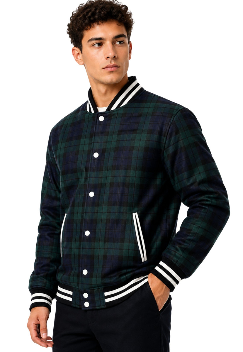 Man wearing a baseball jacket in dark green and navy tartan with striped trim, front view