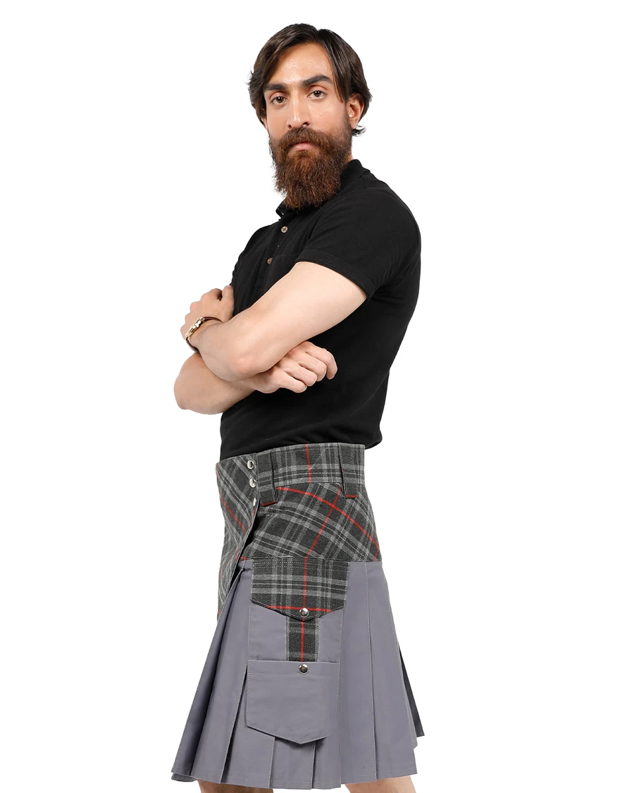 Man wearing a bespoke kilt in light blue tartan with red lines, side view with strap