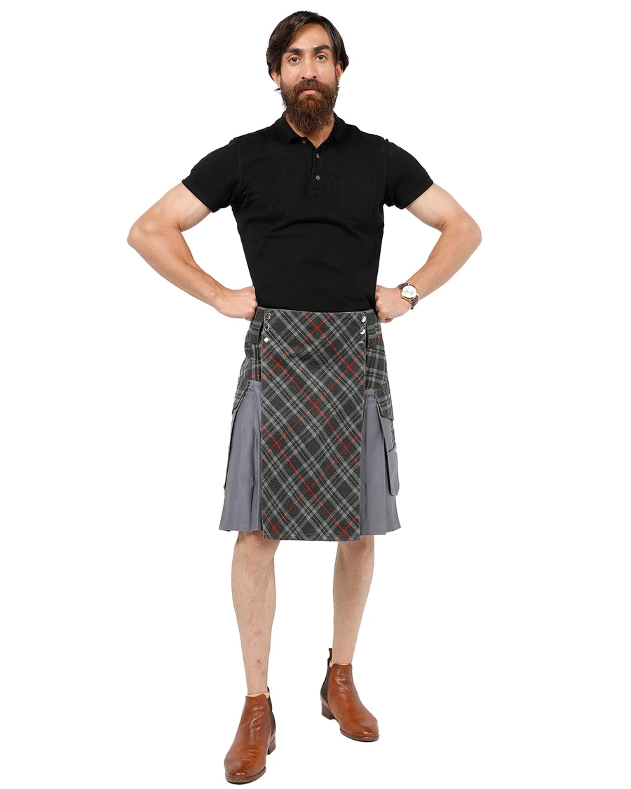 Front view of Heritage Blend hybrid kilt with grey side panels and grey tartan apron