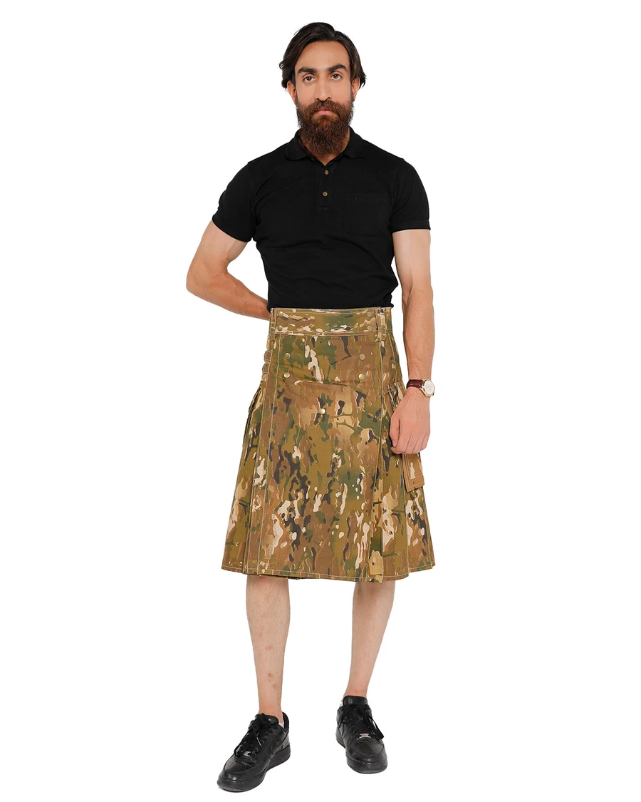 Front view of man wearing Hunter's Stealth kilt in camouflage print