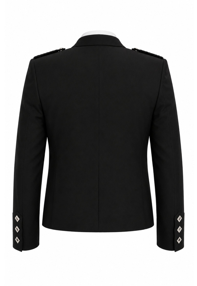 Back of black Kilkenny jacket with epaulettes and decorative cuff buttons