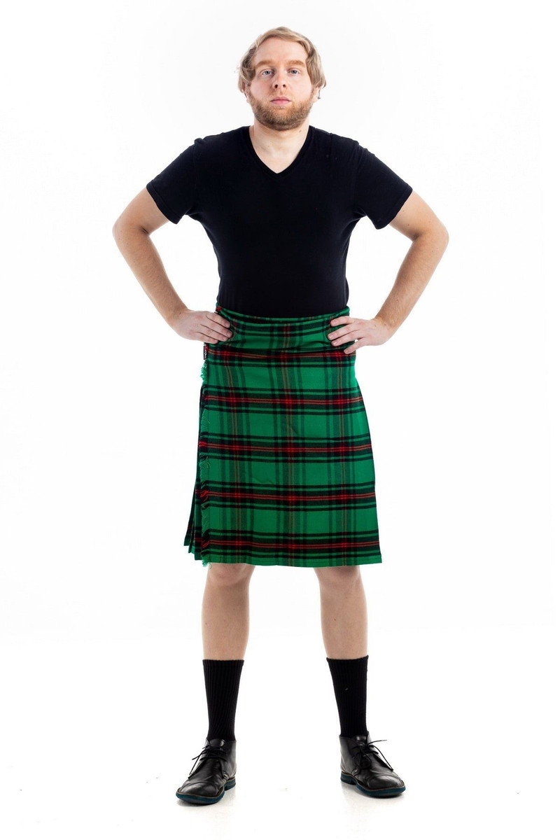 Front view of man in Kinnear bespoke kilt in green, red and black tartan