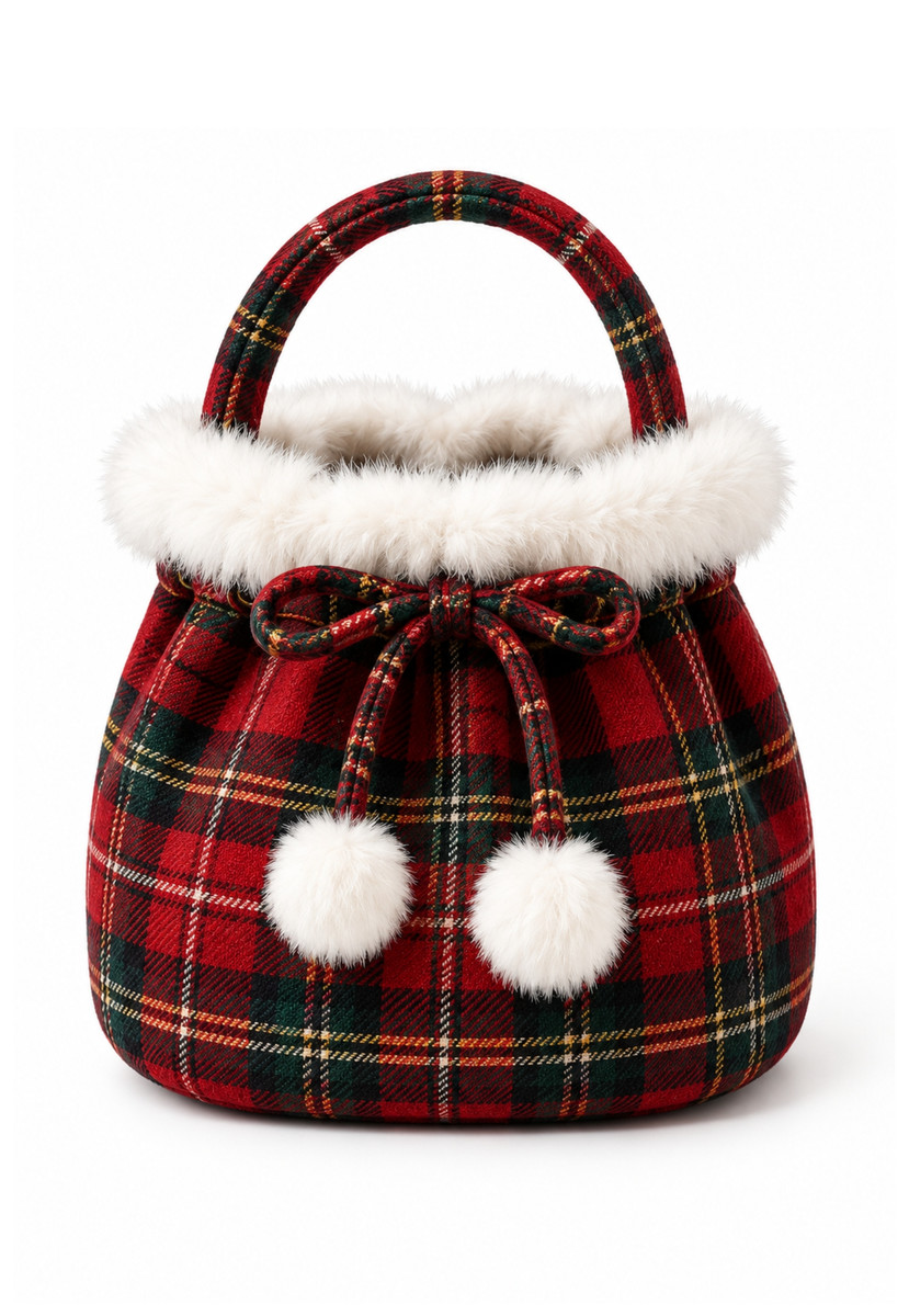 Plaid Christmas reticule bag in red tartan with white fluffy trim and pom-pom ties