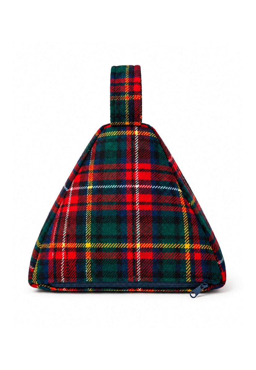 Pyramid-shaped doorstop in red and green tartan with loop handle, side view