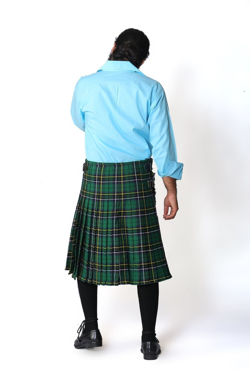 Back view of MacAlpine green tartan kilt showing knife pleats
