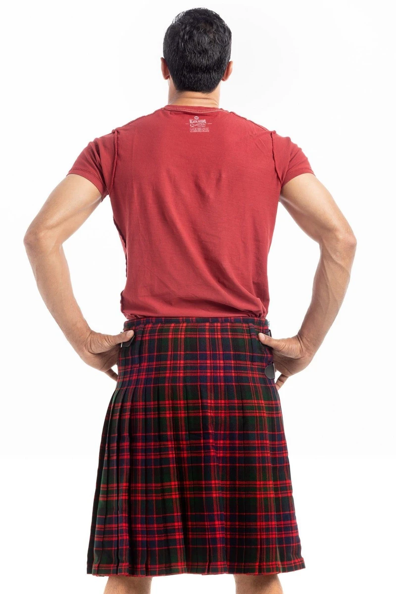 Back view of MacDonald dark red tartan kilt showing pleats