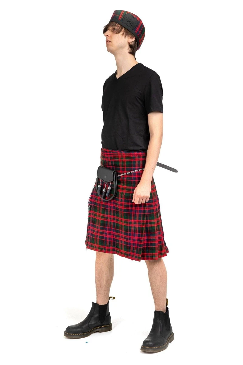 Man in MacDonald tartan kilt with sporran, matching cap and black boots
