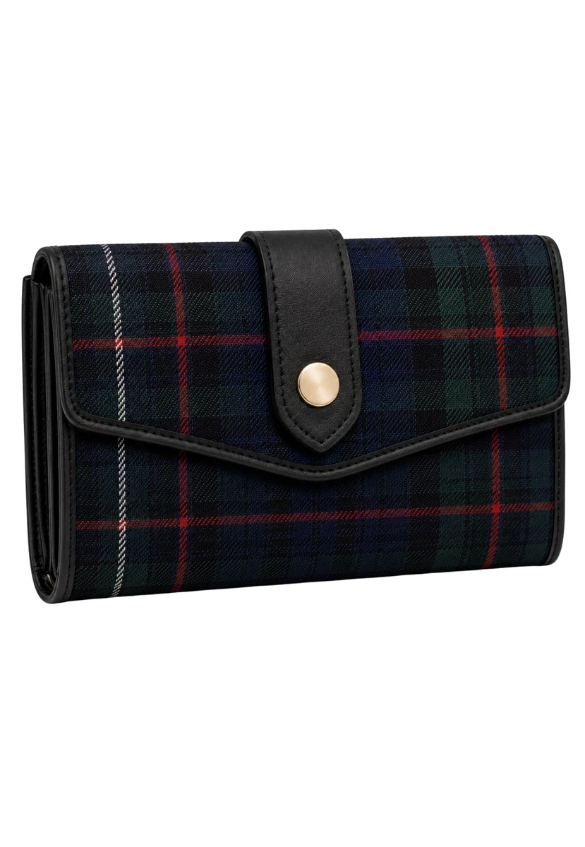 Tartan wallet in navy, green and red plaid with black strap and snap button, front