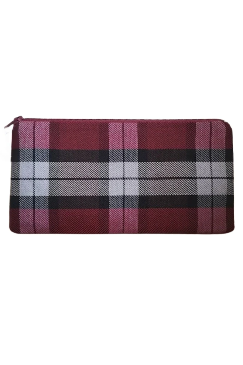 Tartan zip purse in maroon, pink and white plaid, front view