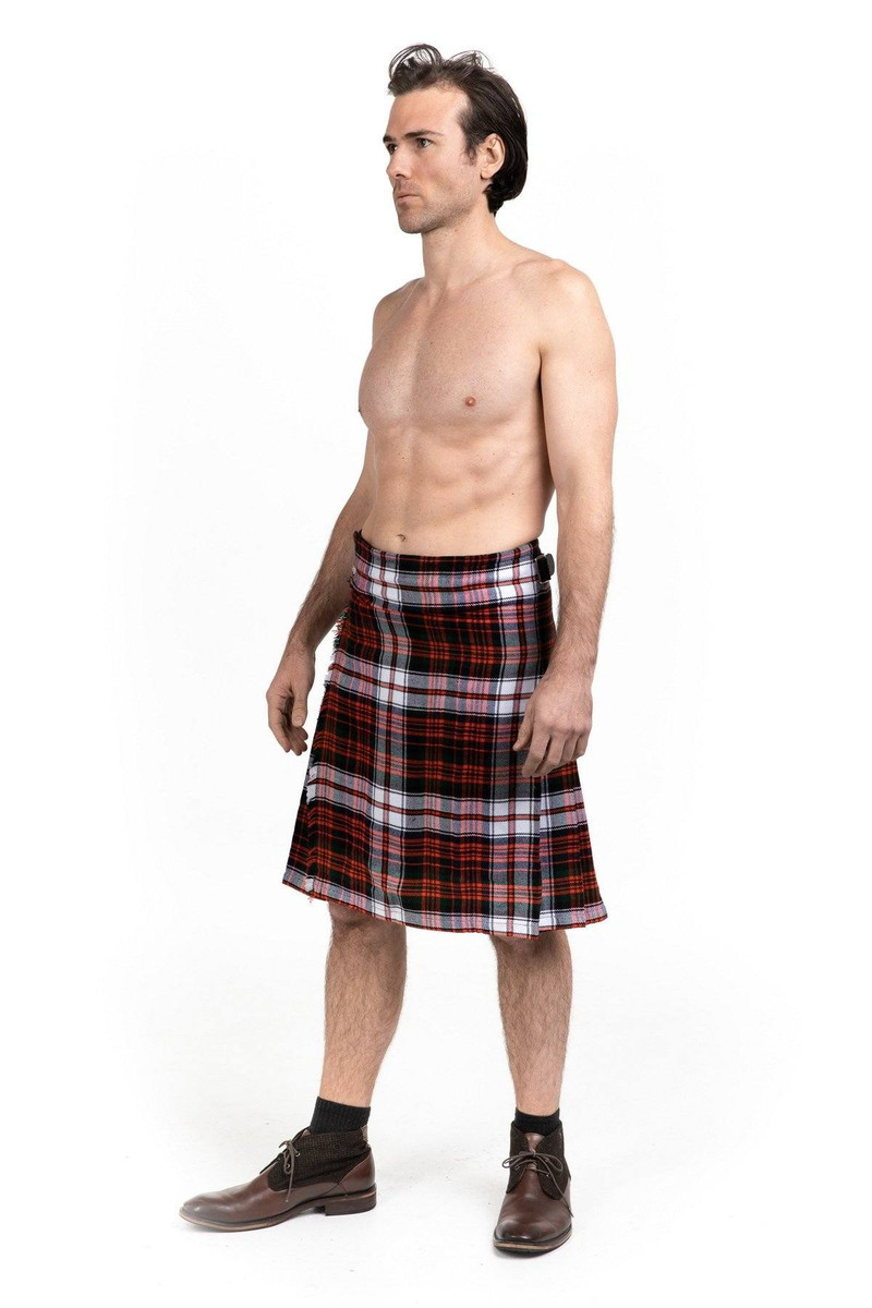 Man in MacDuff Dress bespoke kilt in red, white and navy tartan, side view