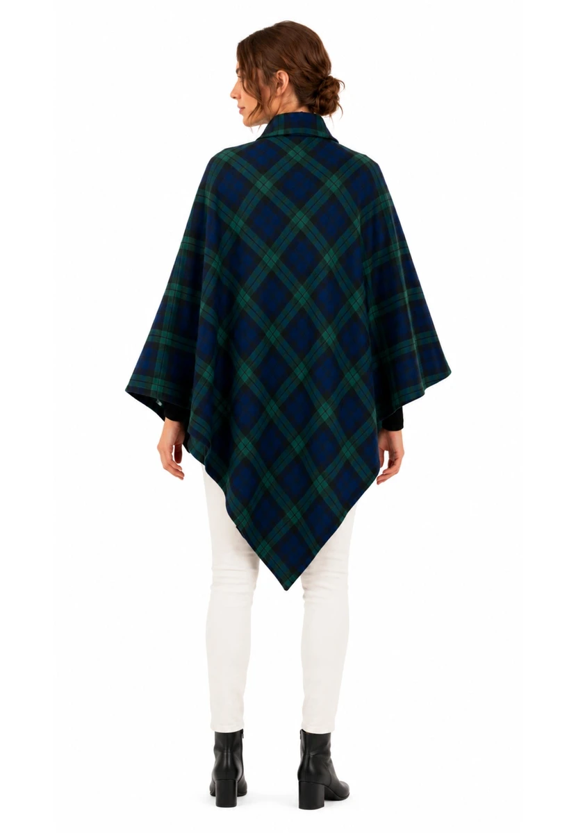 Women's tartan cape in dark navy and green plaid, back view with pointed hem