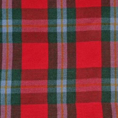 Close-up of navy and green tartan fabric with red and white lines for a bespoke kilt
