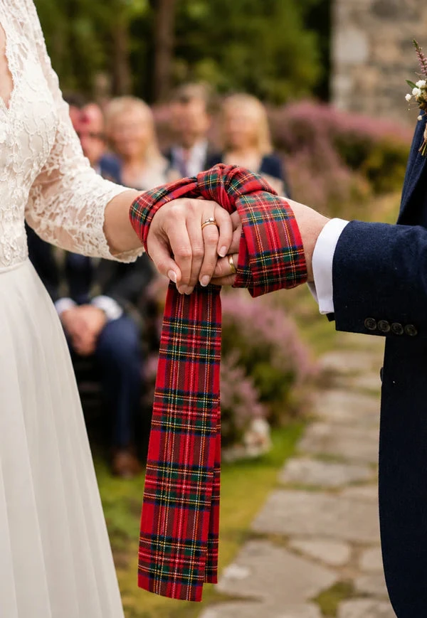 Bride and groom's hands tied with a red tartan handfasting ribbon during a ceremony